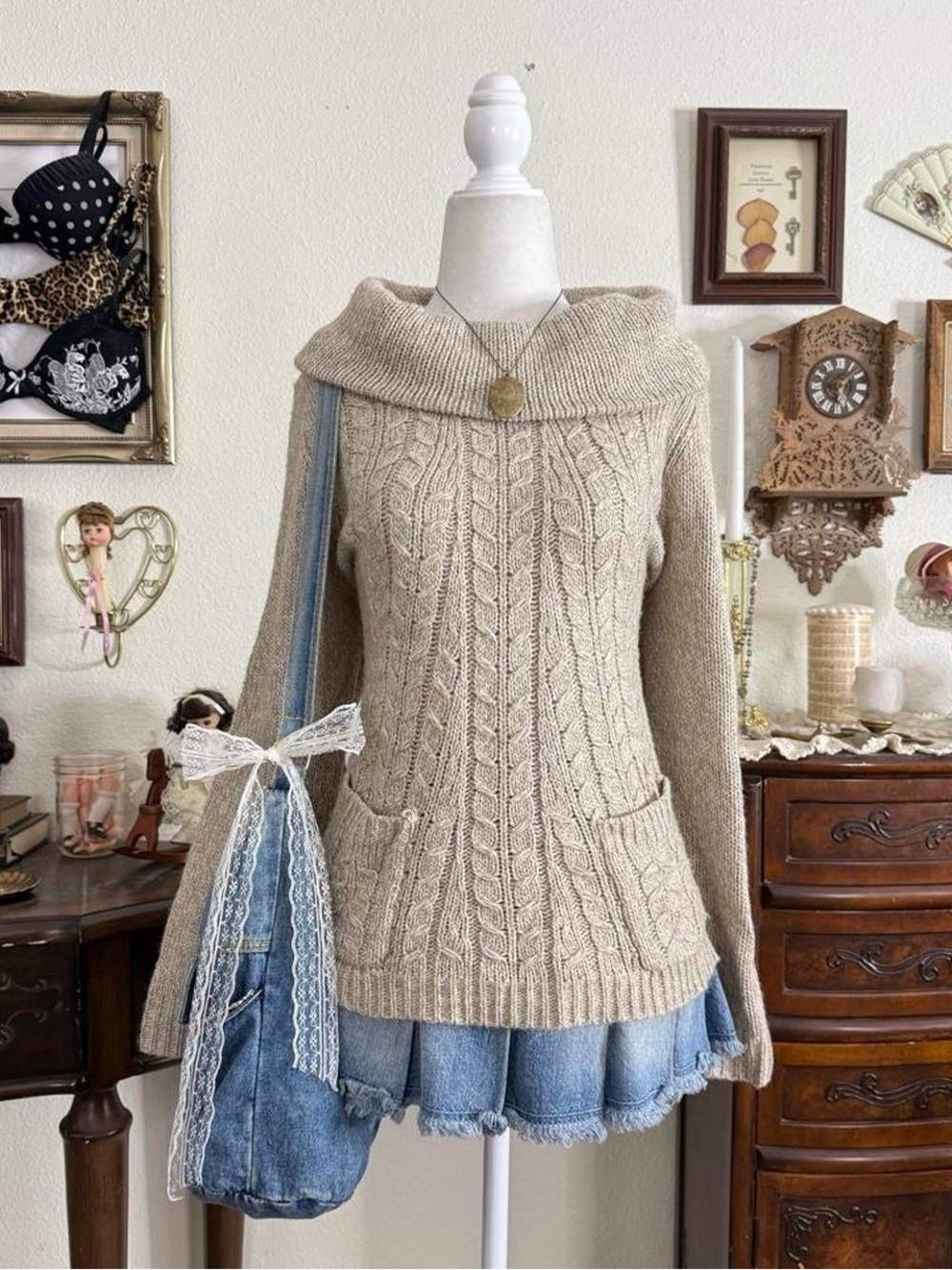 Y2k coquette cozy preppy beige knit sweater w pockets